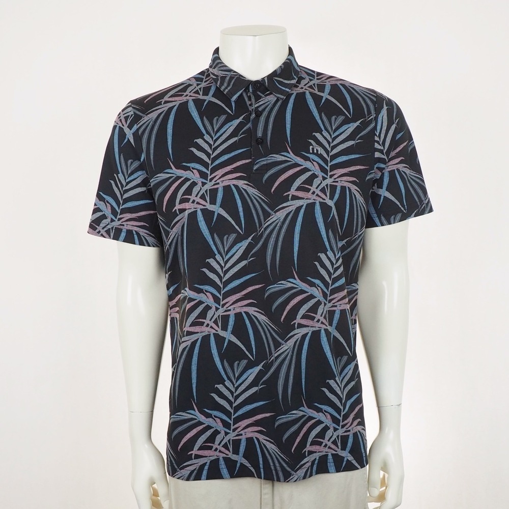 Travis Mathew Buzz Words Golf Polo Shirt Mens Large Black Floral AOP Print Pique